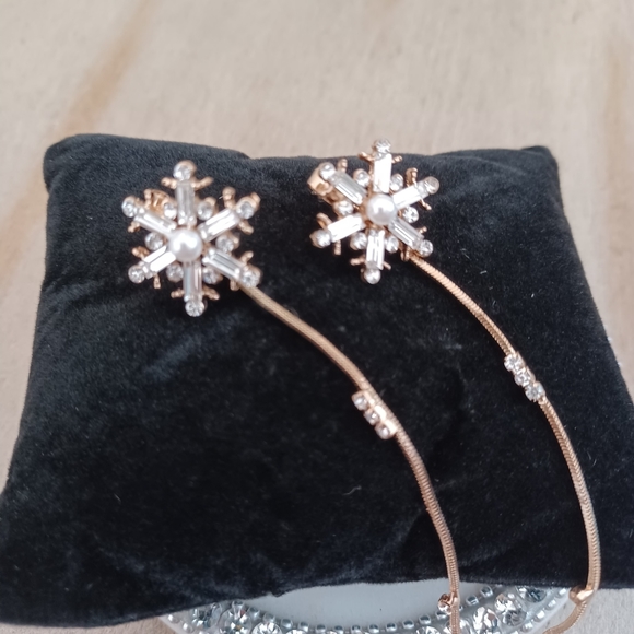 Gold Rhinestone & Pearl Snowflake Dangle Stud Earrings - Picture 7 of 10